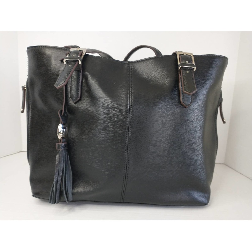 Tignanello Black Leather Satchel Tote Purse with Colorful Inside Lining Large